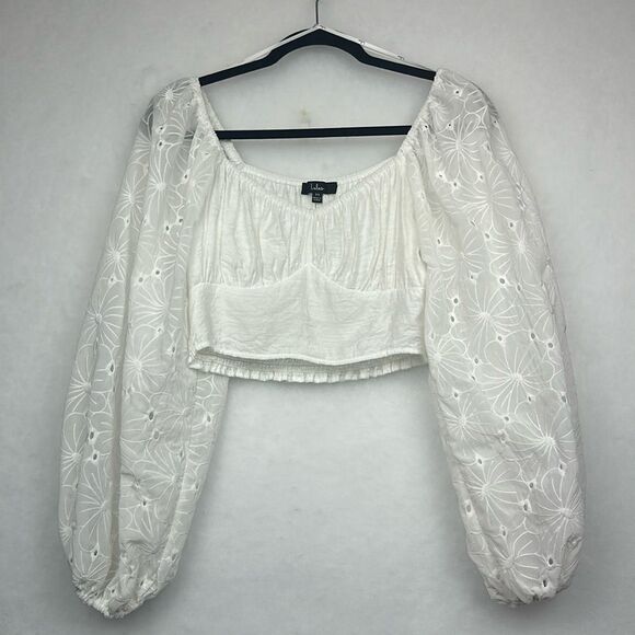 LuLu's Eagerly Anticipate White Embroidered Long Sleeves Floral Crop Top Sz SX - Picture 5 of 12